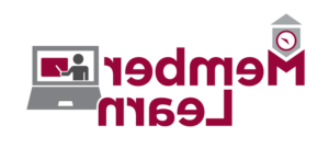 单词MemberLearn以蔓越莓色出现, 字母M上方是明尼苏达城市联盟(明尼苏达城市联盟)的标志，字母M右侧是一台灰色笔记本电脑.